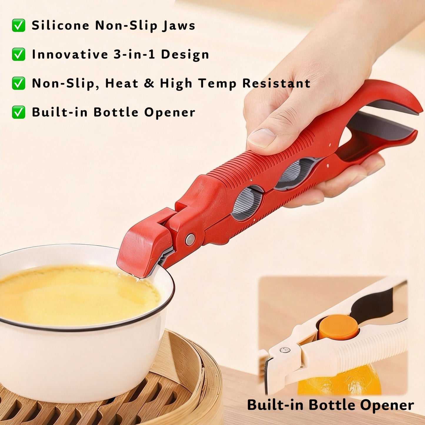 3-in-1 Kitchen Heat Resistant Gripper | Non-Slip Silicone Bowl &amp; Plate Clamp with Bottle Opener