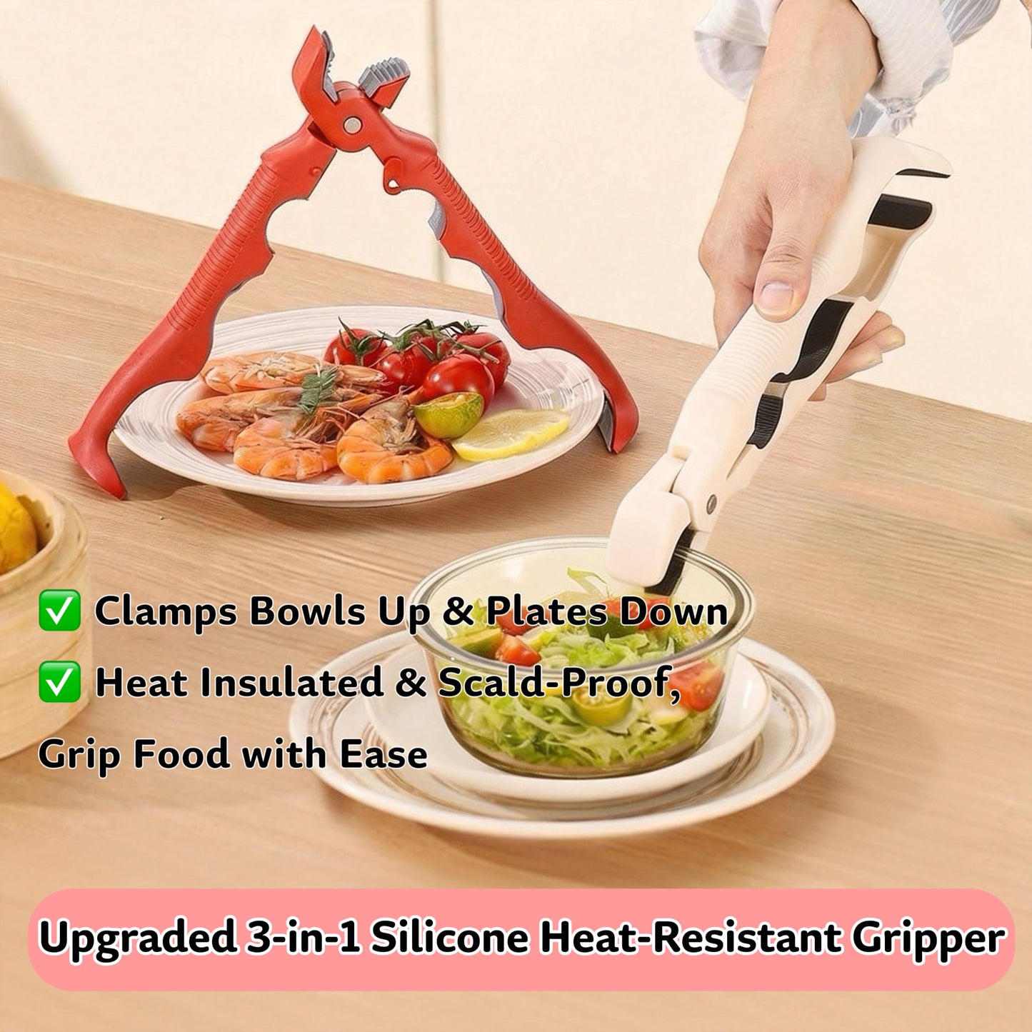 3-in-1 Kitchen Heat Resistant Gripper | Non-Slip Silicone Bowl &amp; Plate Clamp with Bottle Opener