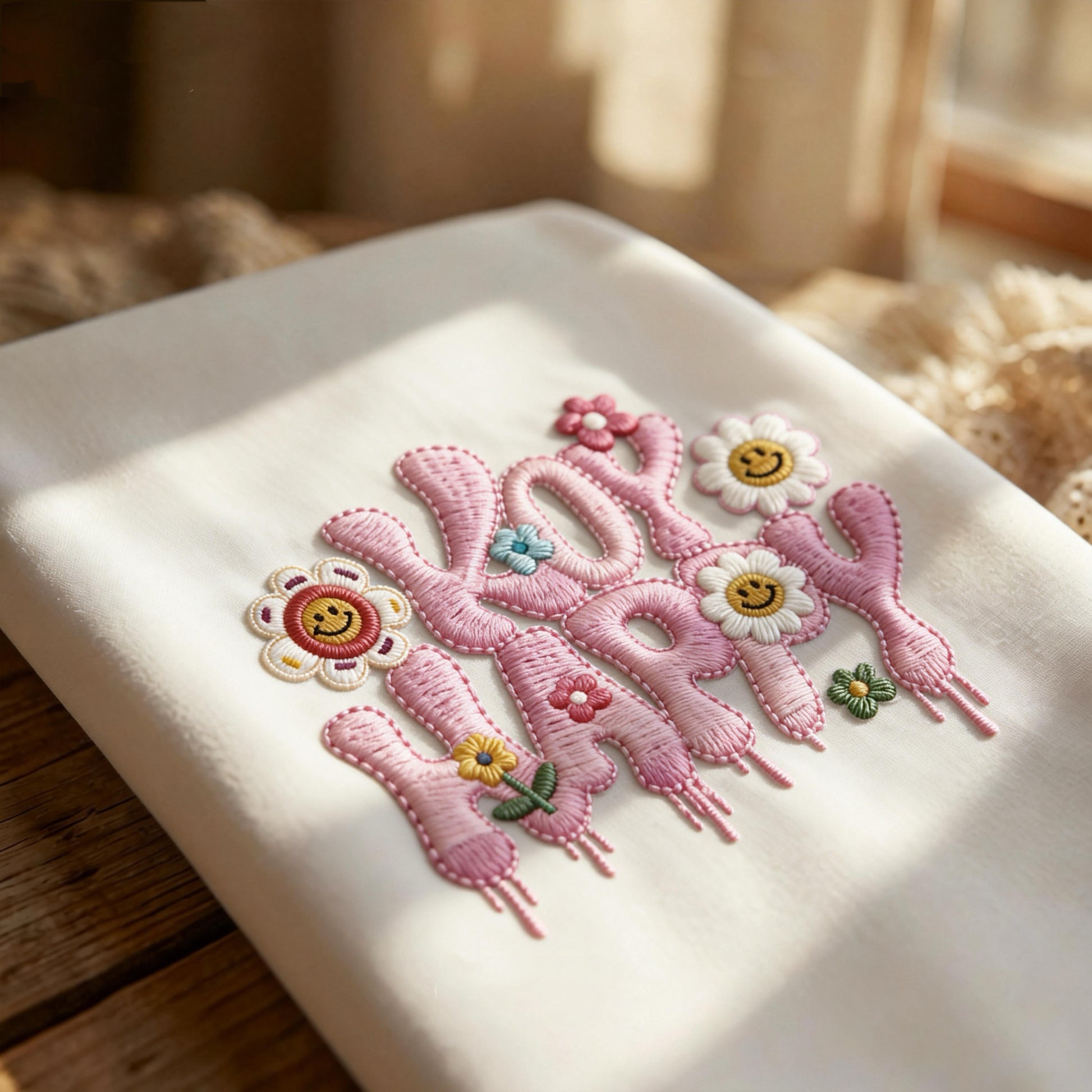 Animal motif 3D embroidered patch on white t-shirt