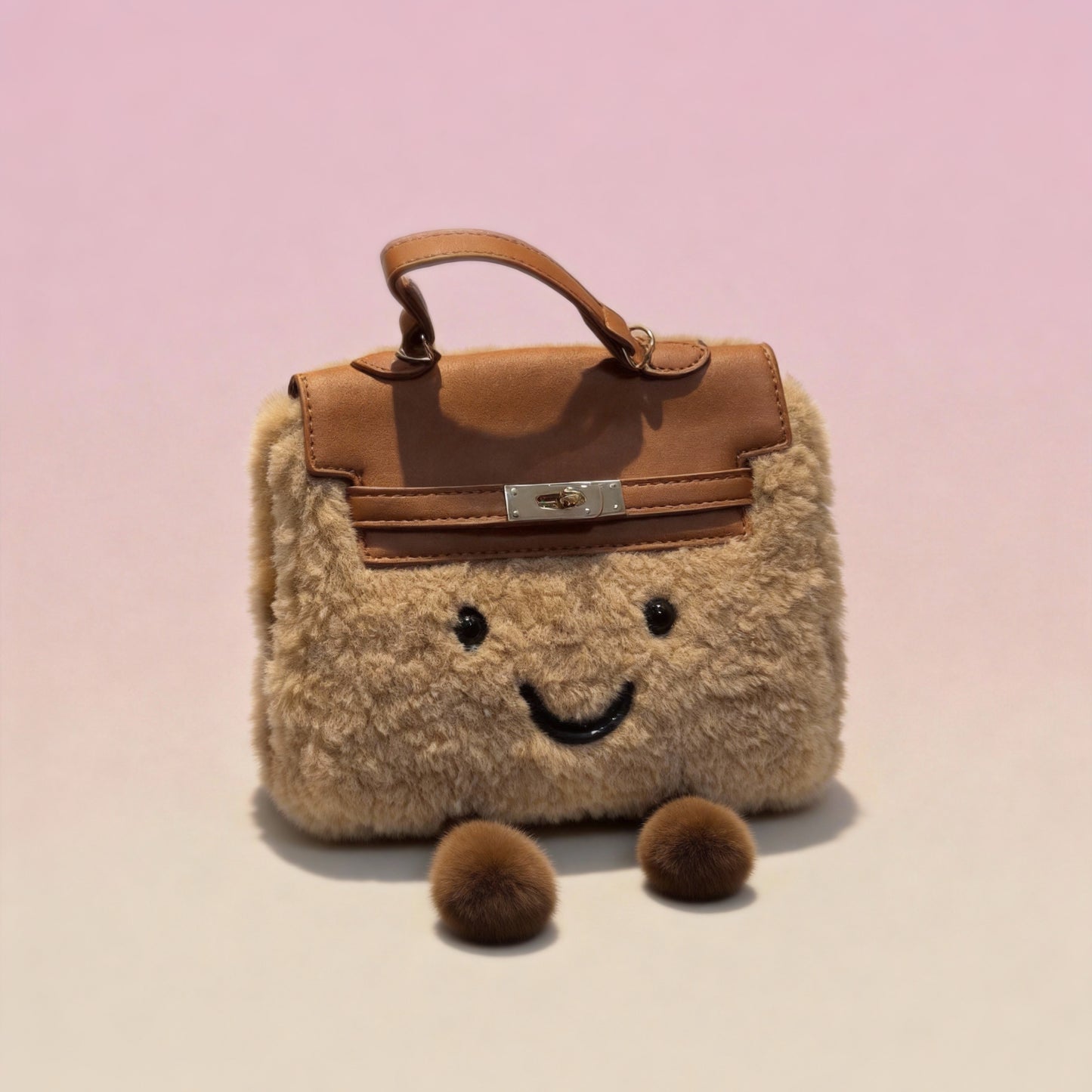 Brown soft plush handbag with adjustable strap and smiley charm