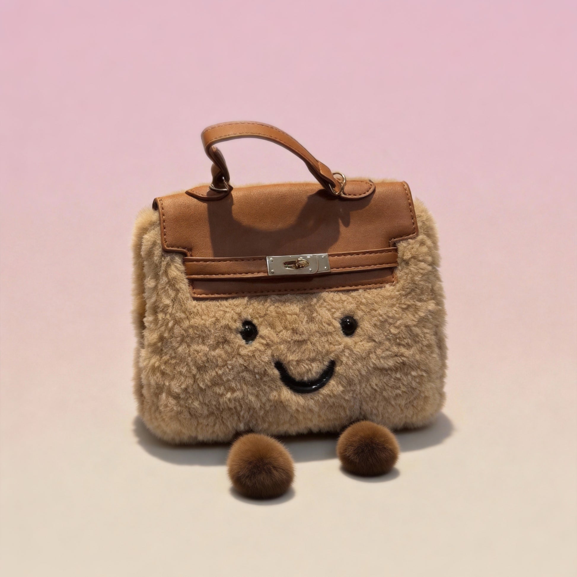 Brown soft plush handbag with adjustable strap and smiley charm