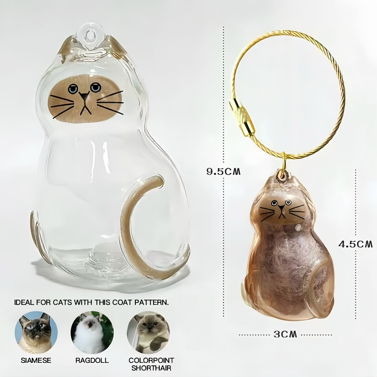 Cat-shaped glass product with a keychain and measurements on a white background