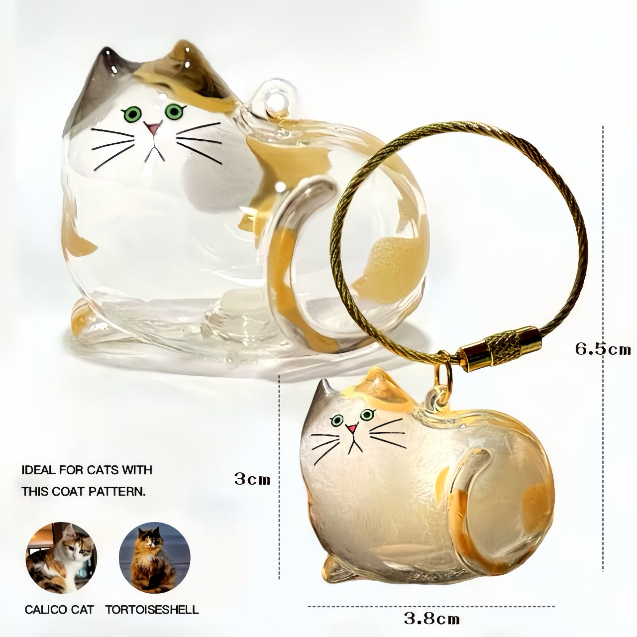 Cat-shaped glass product with a keychain, featuring measurements and compatibility notes for cats with specific coat patterns.