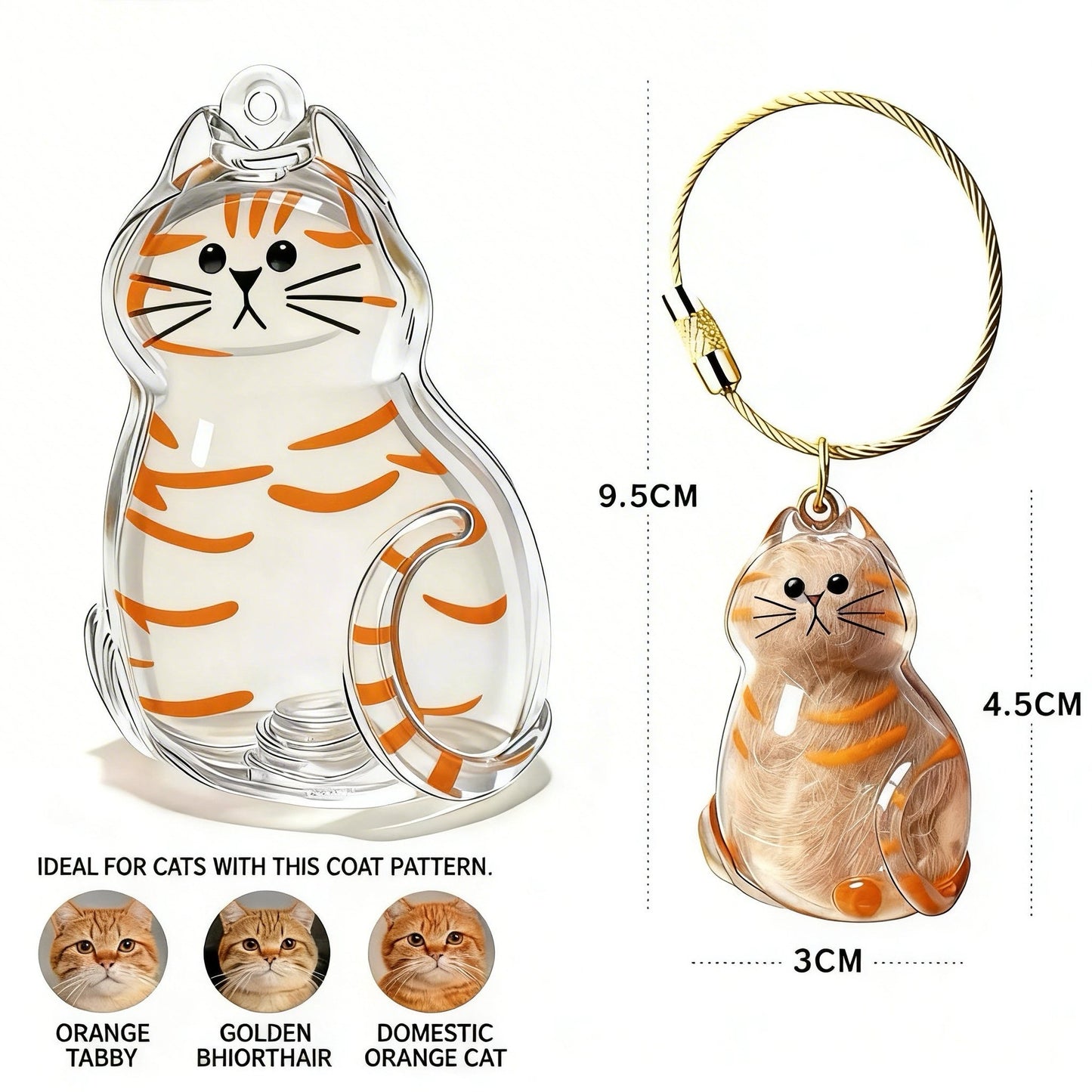 Cat-shaped keychain and ornament with measurements and compatibility notes