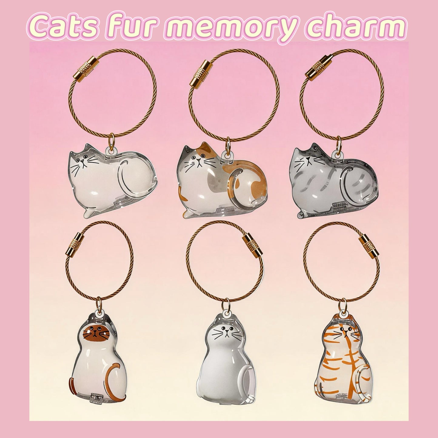 Cat-shaped memory charms on a pink background with text 'Cats fur memory charm'.