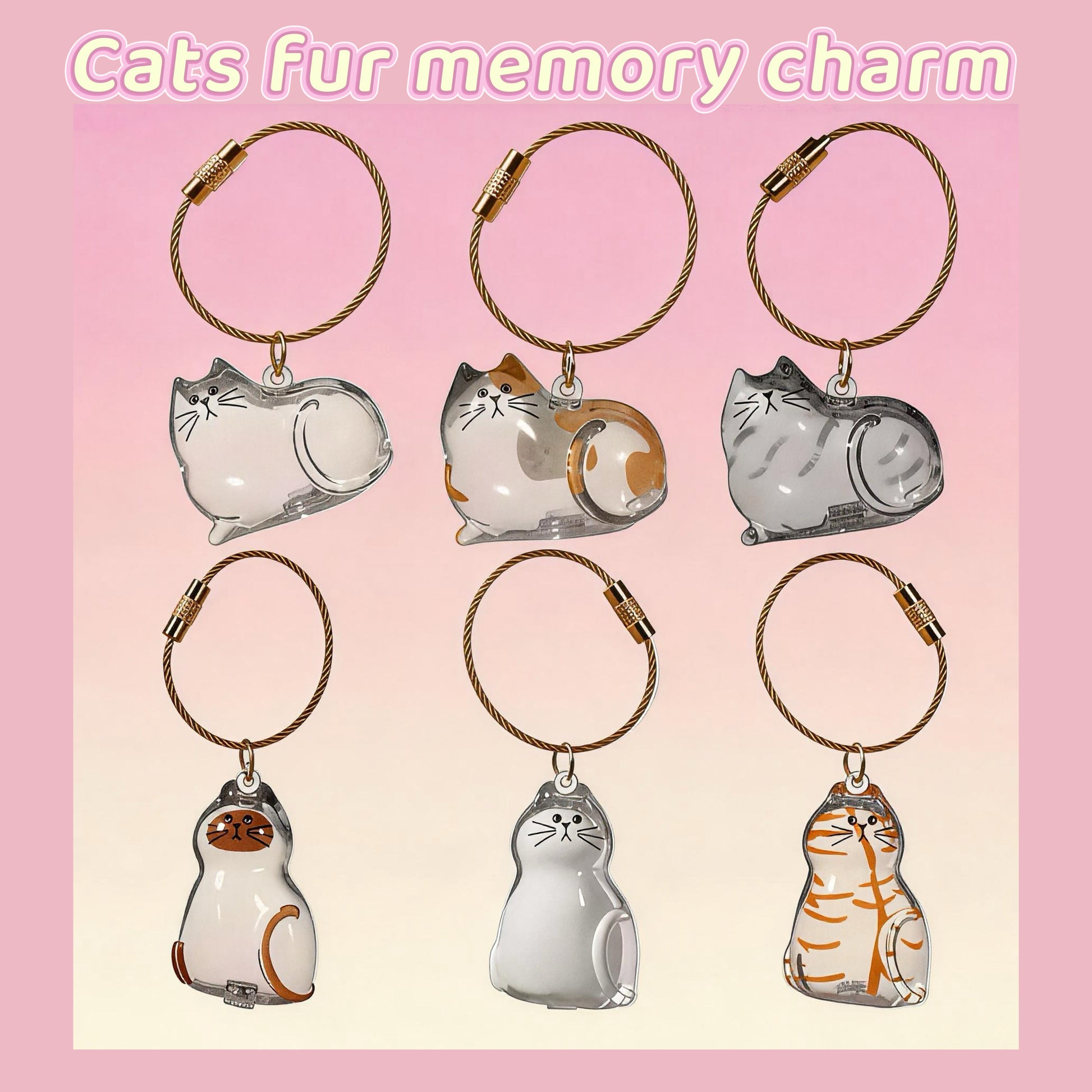 Cat-shaped memory charms on a pink background with text 'Cats fur memory charm'.