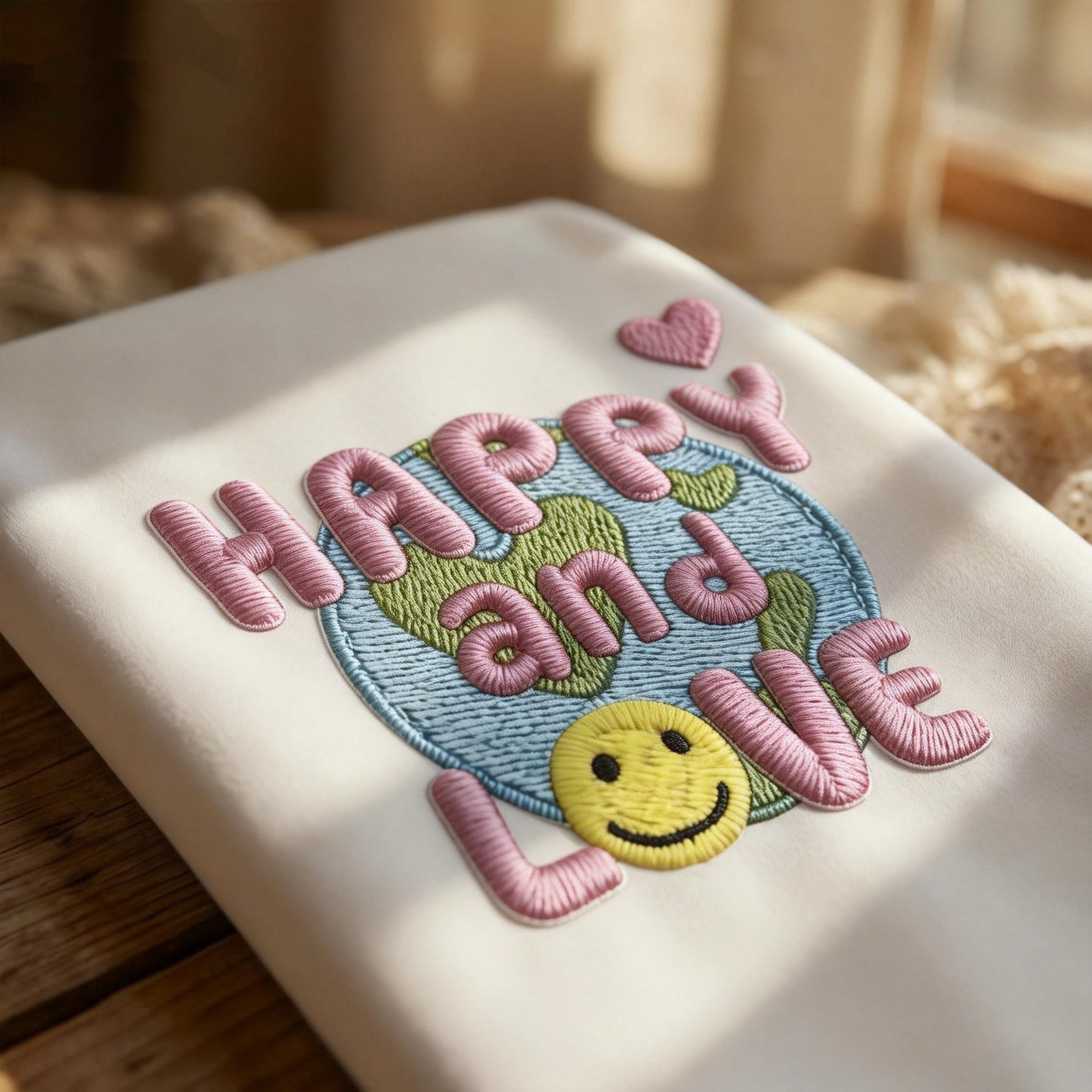 Close-up of 3D embroidered patch with vivid colors on fabric