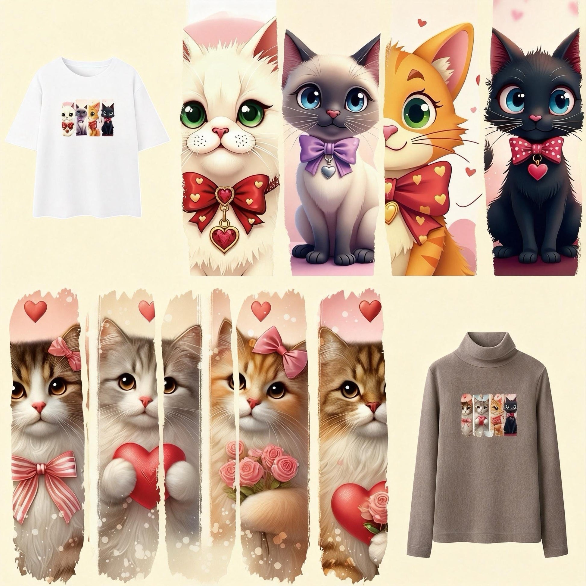 Cute cat heat transfer iron-on patch on white t-shirt