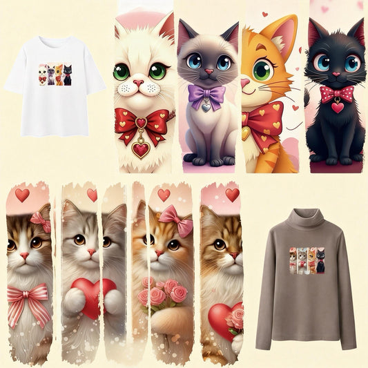 Cute cat heat transfer iron-on patch on white t-shirt