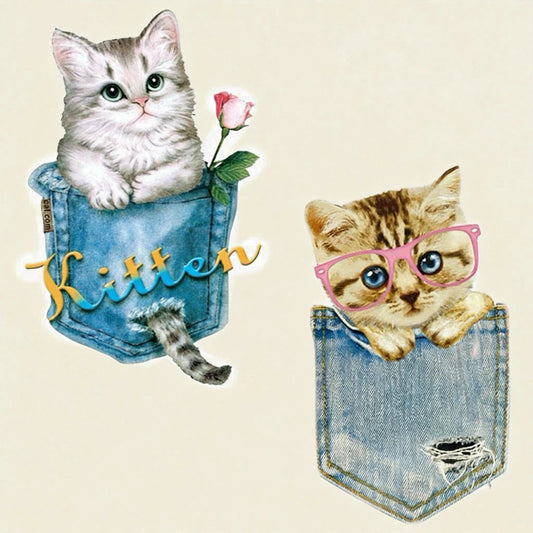 Cute pocket cat iron-on patch on denim jacket pocket