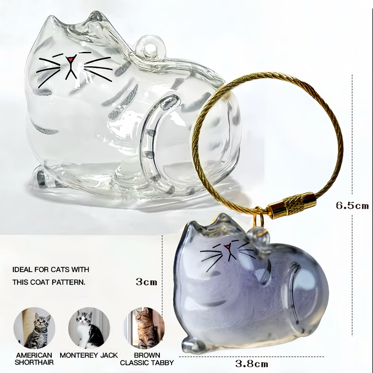 Glass cat-shaped product with a gold chain, shown with measurements and coat pattern compatibility on a white background.