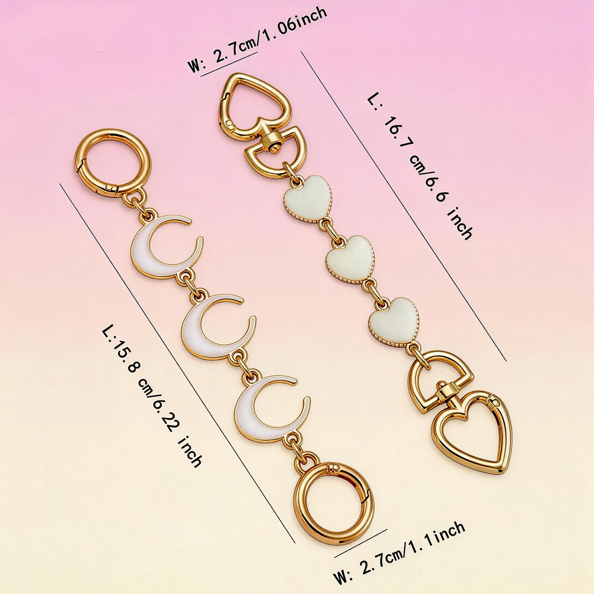 Gold and white heart-shaped chain with measurements