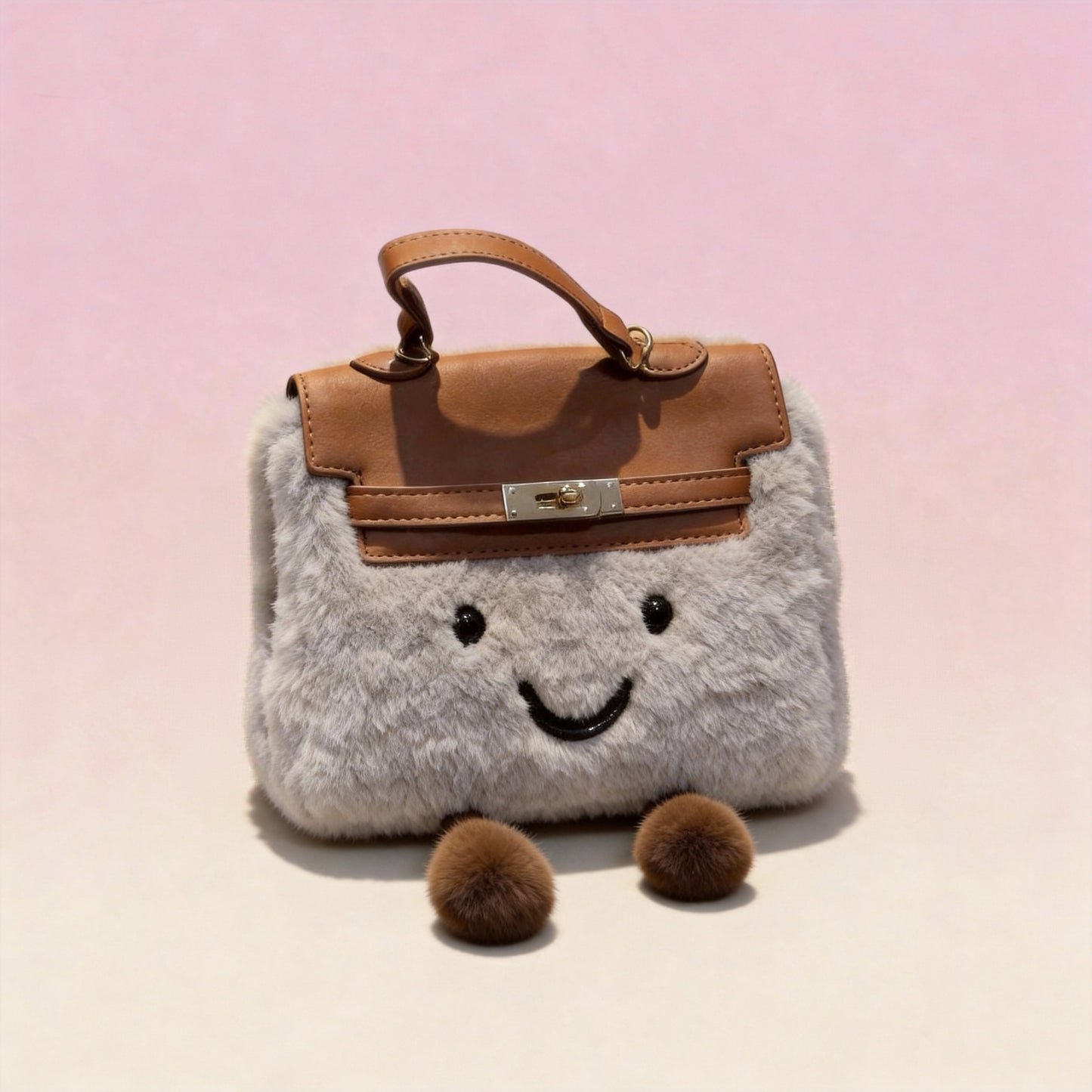 Gray soft plush handbag with adjustable strap and smiley charm