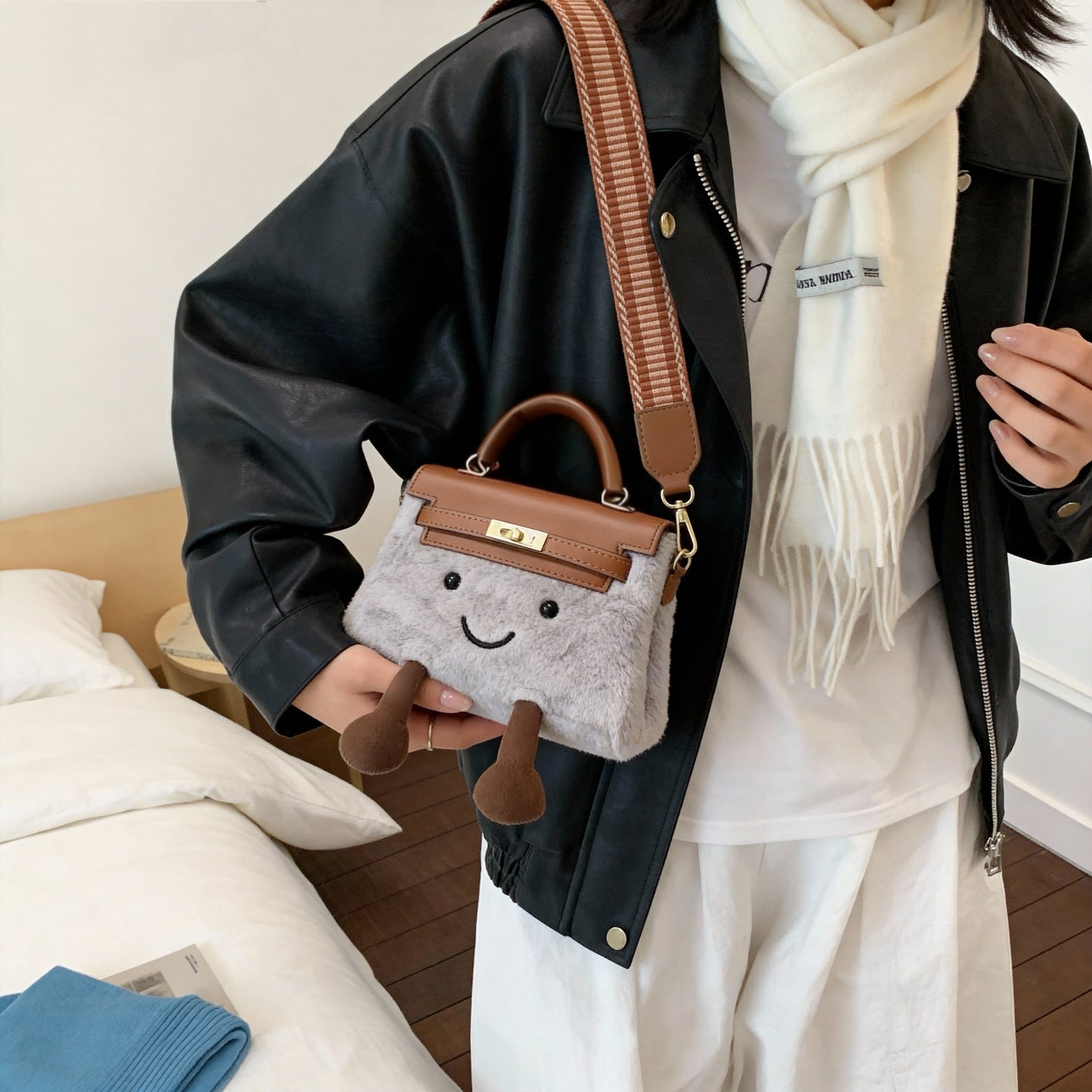 Kawaii plush bag adjustable strap detail close-up