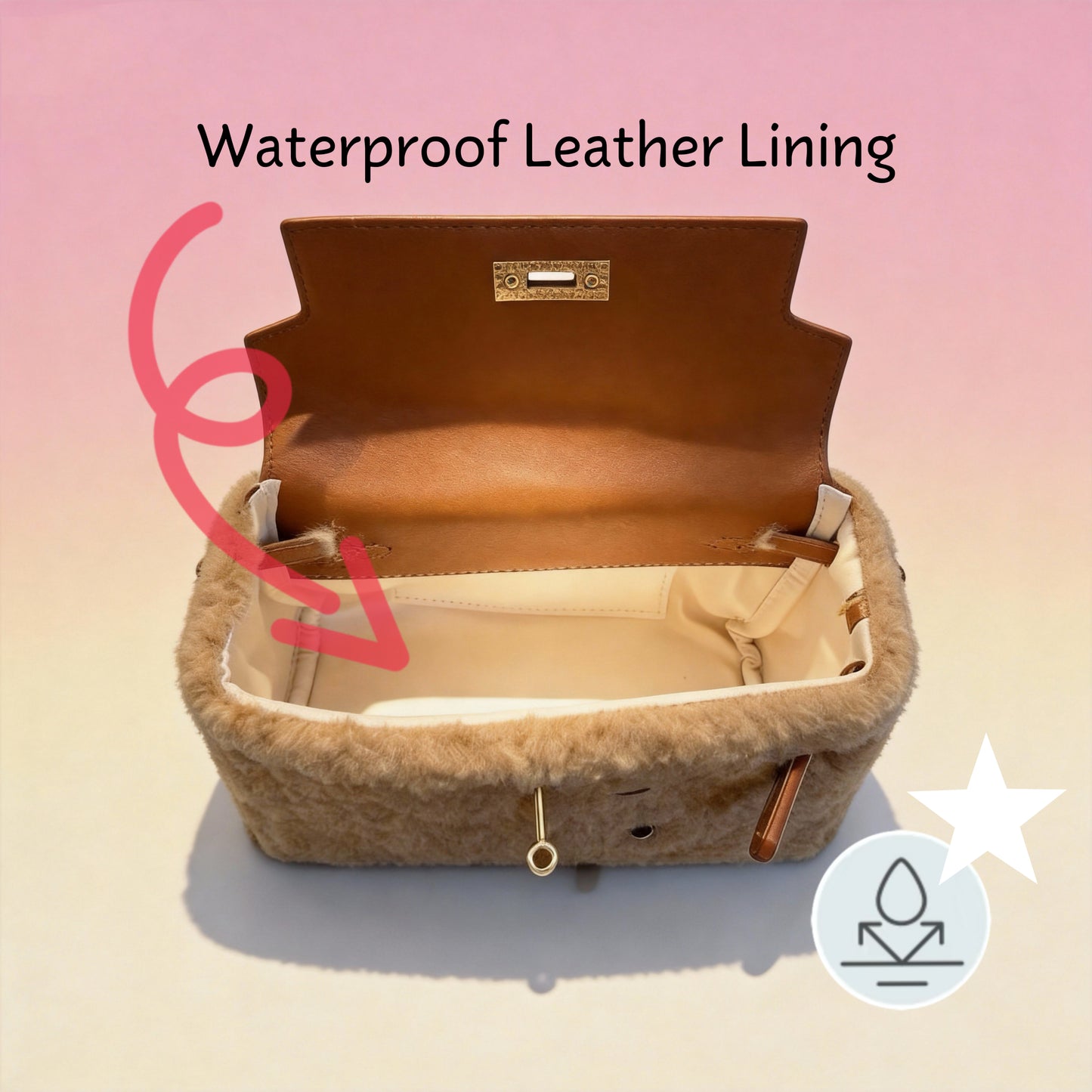 Kawaii plush bag interior showing waterproof lining