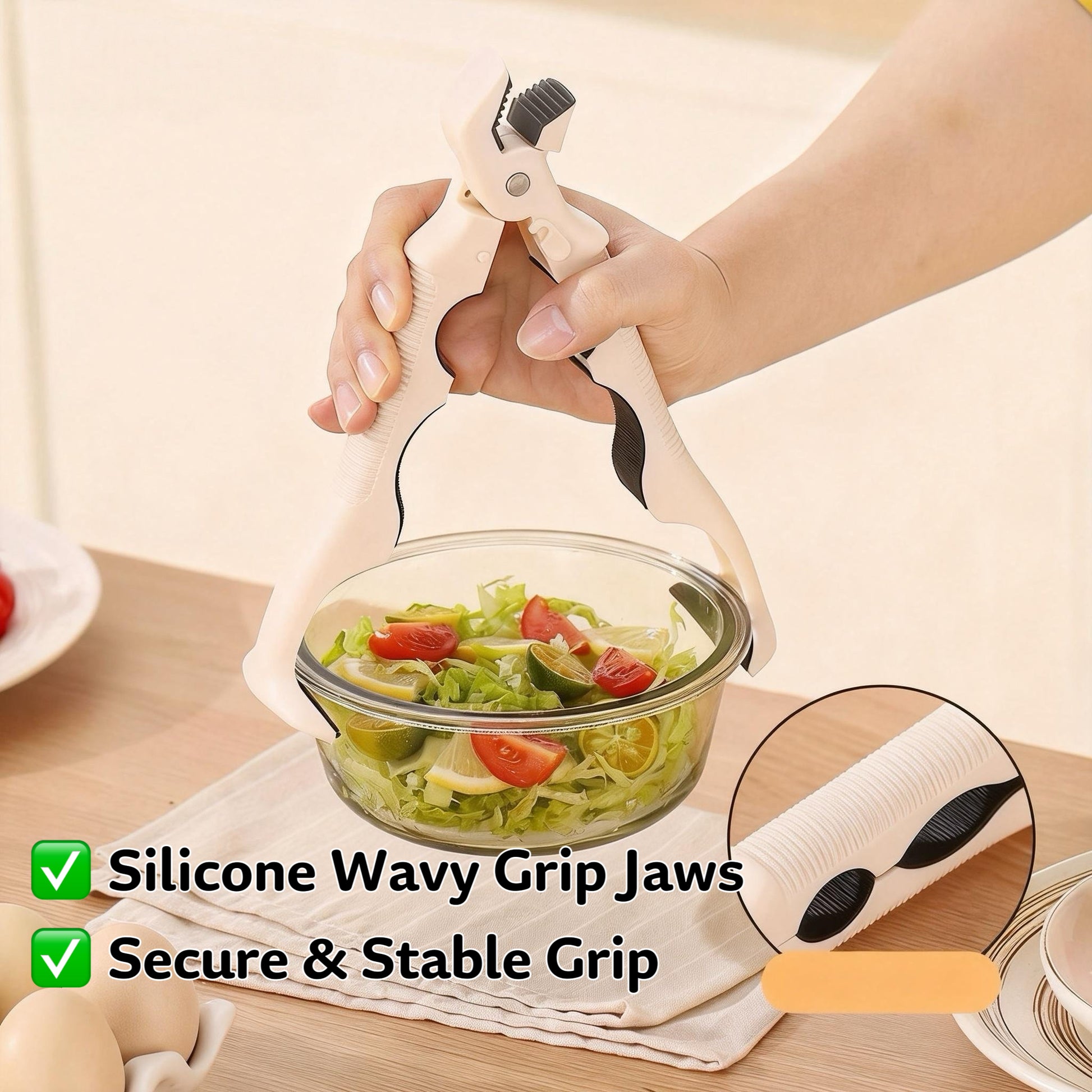 Kitchen gripper used to lift hot bowl from oven