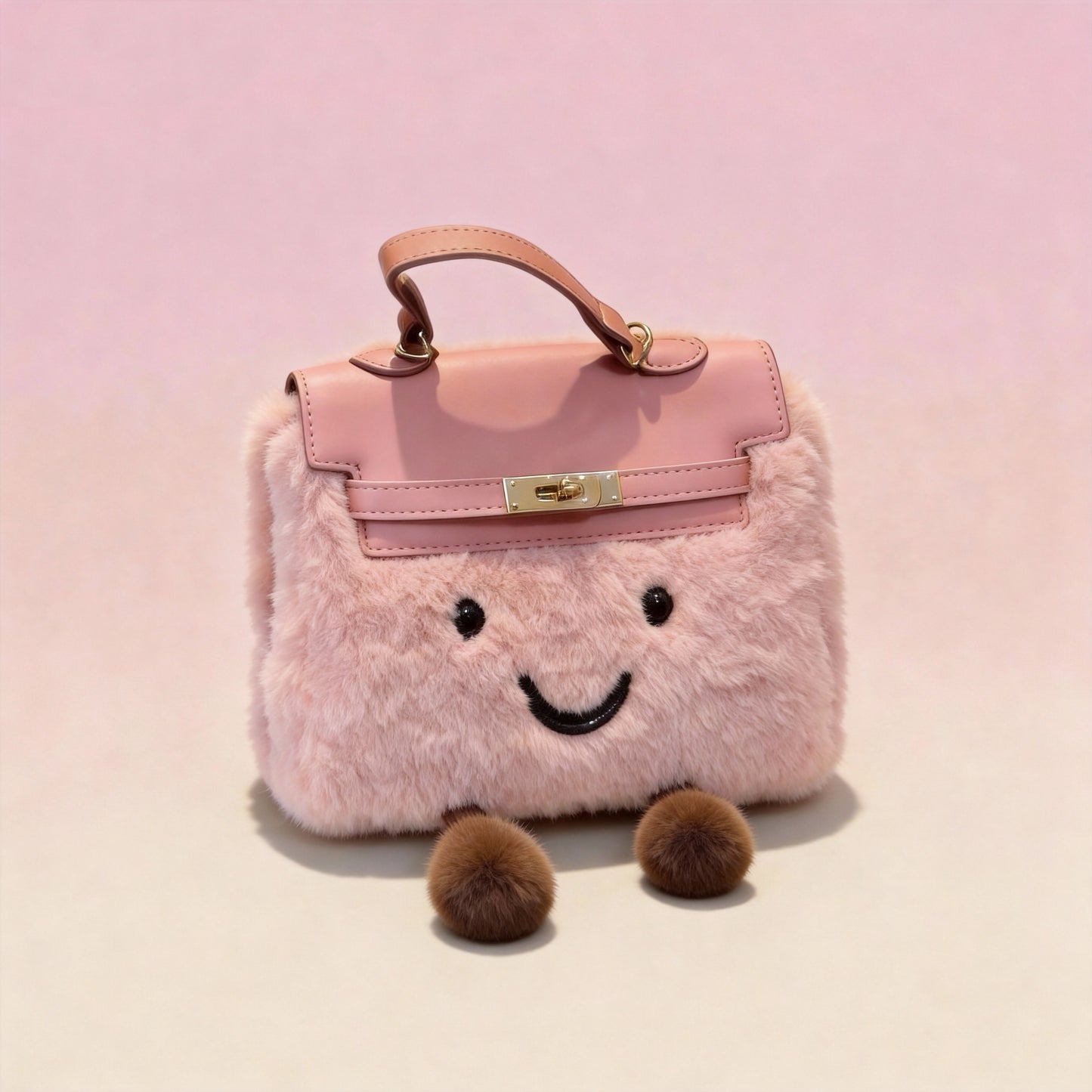 Pink kawaii plush crossbody bag worn over shoulder