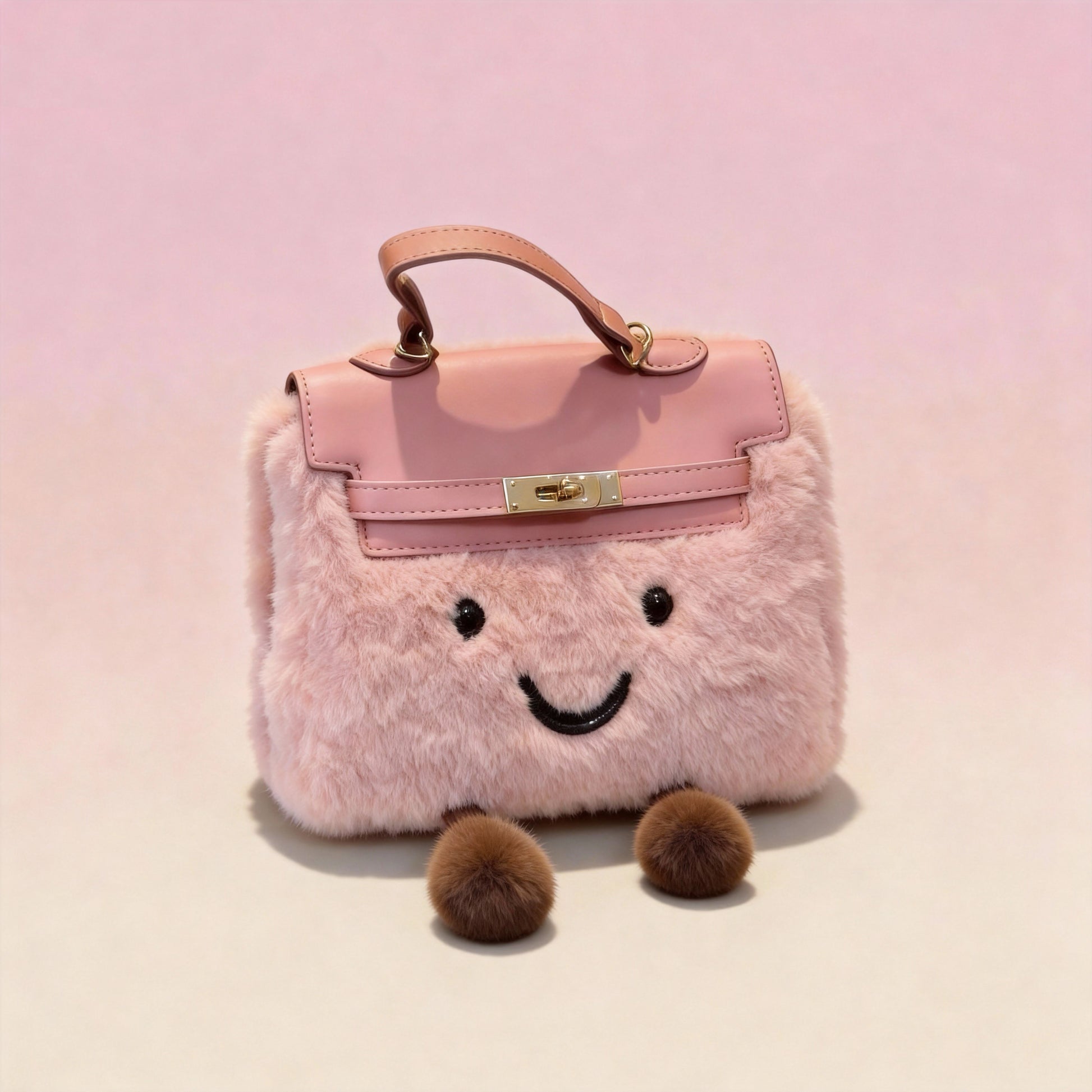 Pink kawaii plush crossbody bag worn over shoulder