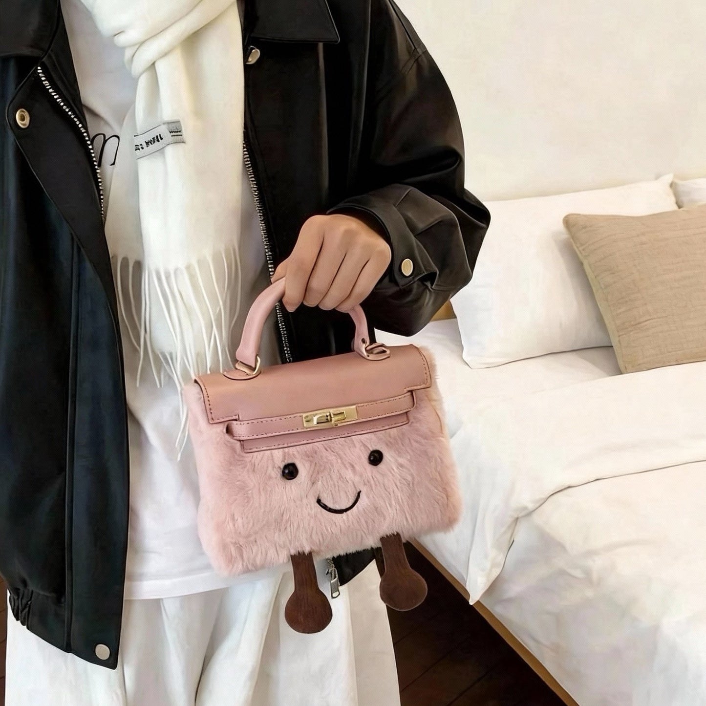 Plush crossbody bag worn as casual everyday handbag