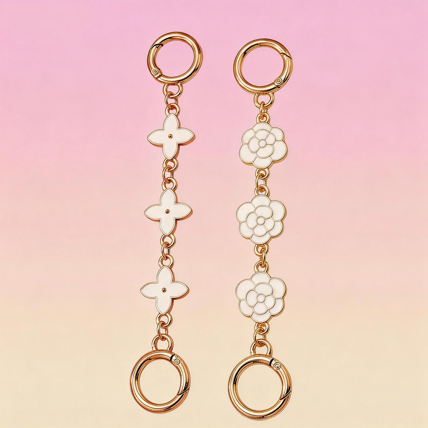 Set of 2 bag chain extenders with four-leaf clover and flower designs
