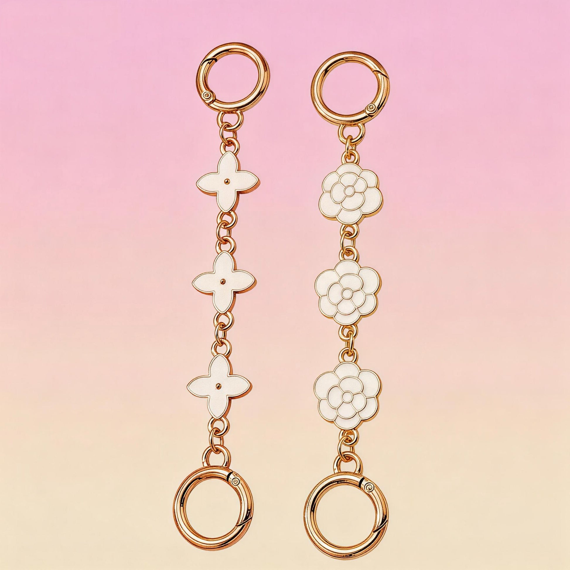 Set of 2 bag chain extenders with four-leaf clover and flower designs