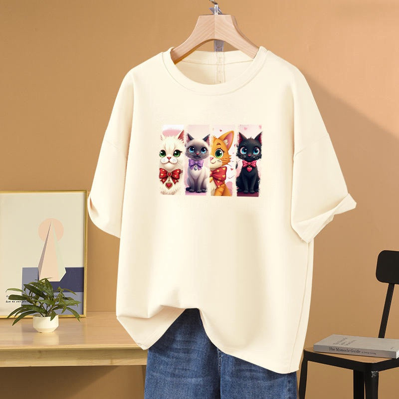 Set of cat heat transfer patches on flat lay background