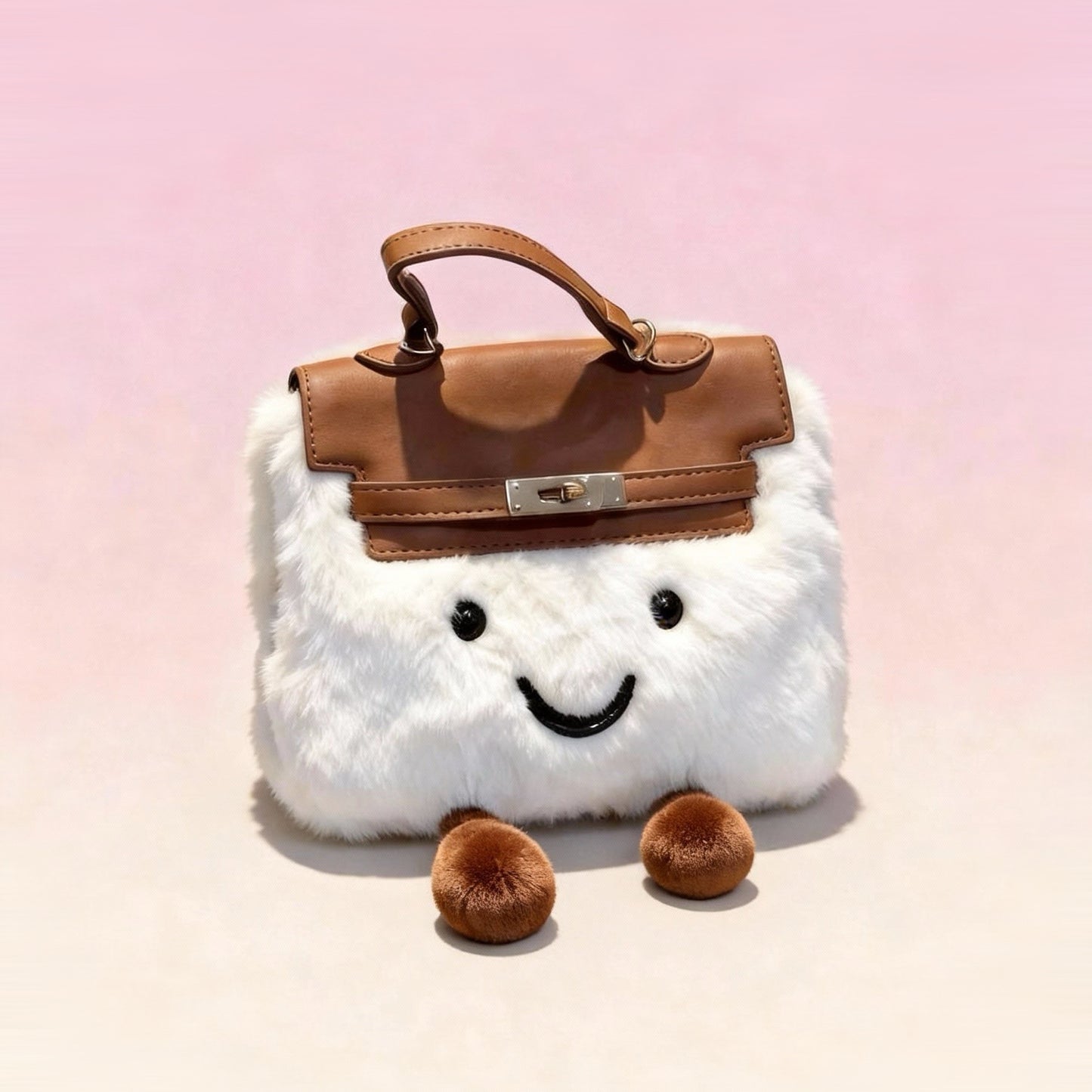 White kawaii plush fuzzy handbag with removable smiley charm