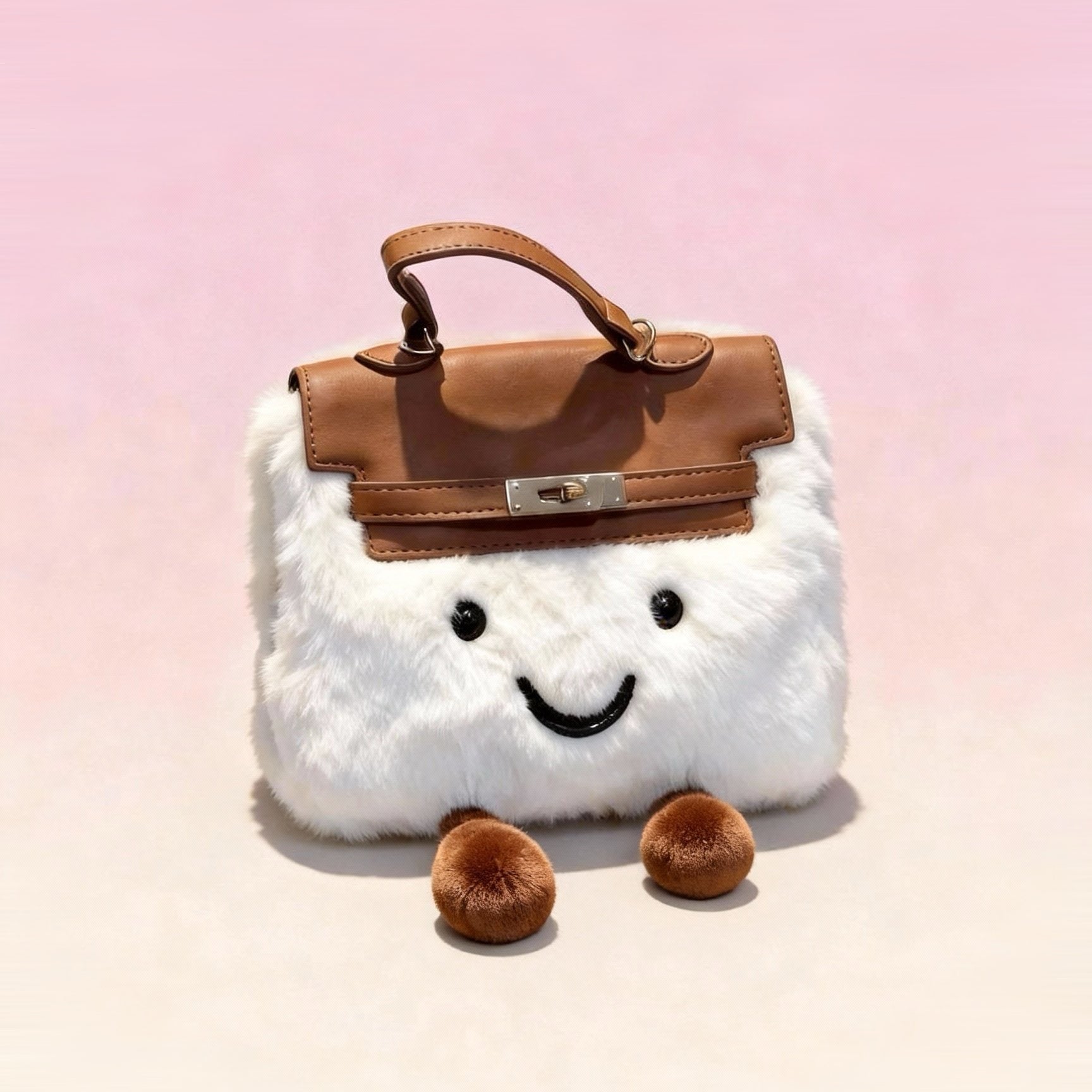 White kawaii plush fuzzy handbag with removable smiley charm